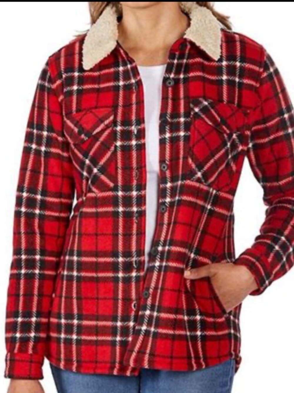 Soho Threads SZ M Red Plaid Fleece Sherpa Shirt Jacket Gorpore Utility Outdoors